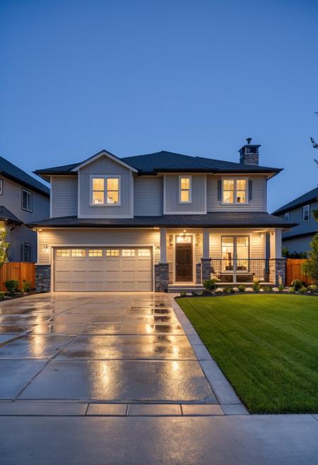 00062-suburban house, dusk, modern architecture, two-story, garage doors, wet driveway, landscaped, front lawn, exterior lighting, cle.png